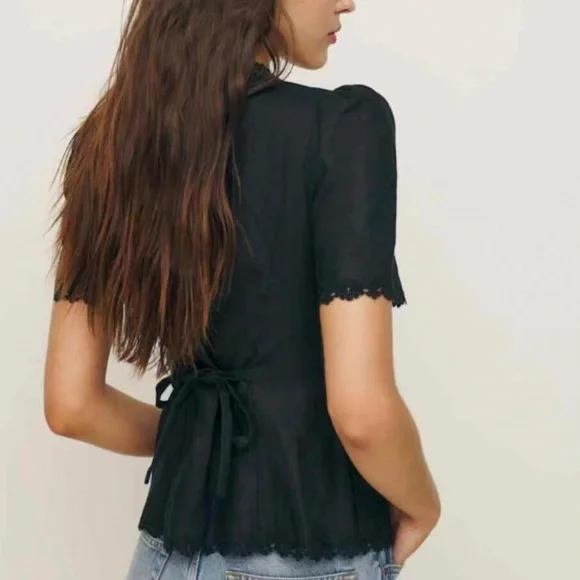Reformation Elegant Black Lace-Trim Blouse - Picture 3 of 8